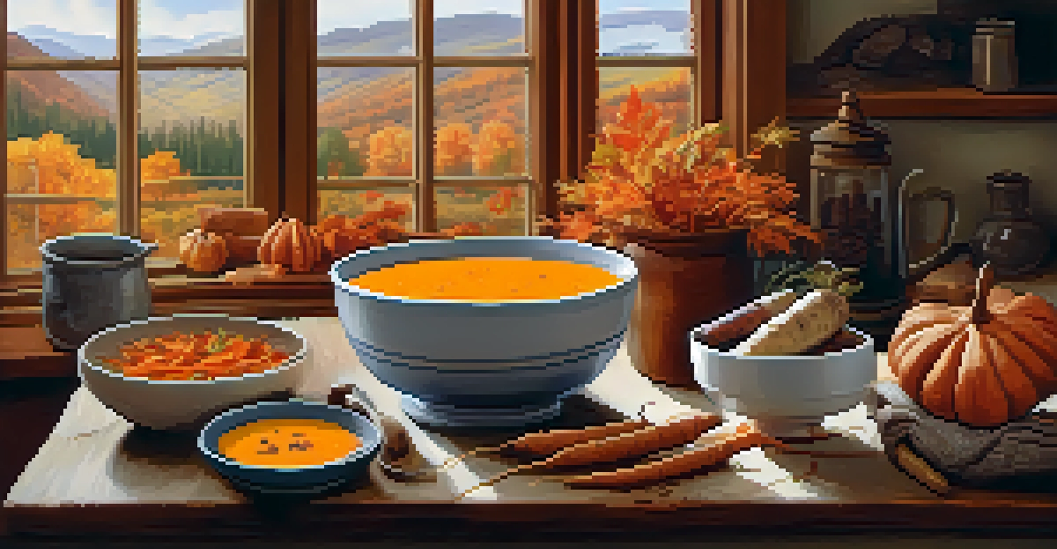A warm kitchen scene with roasted root vegetables and a bowl of pumpkin soup on a rustic table, surrounded by autumn colors and spices.