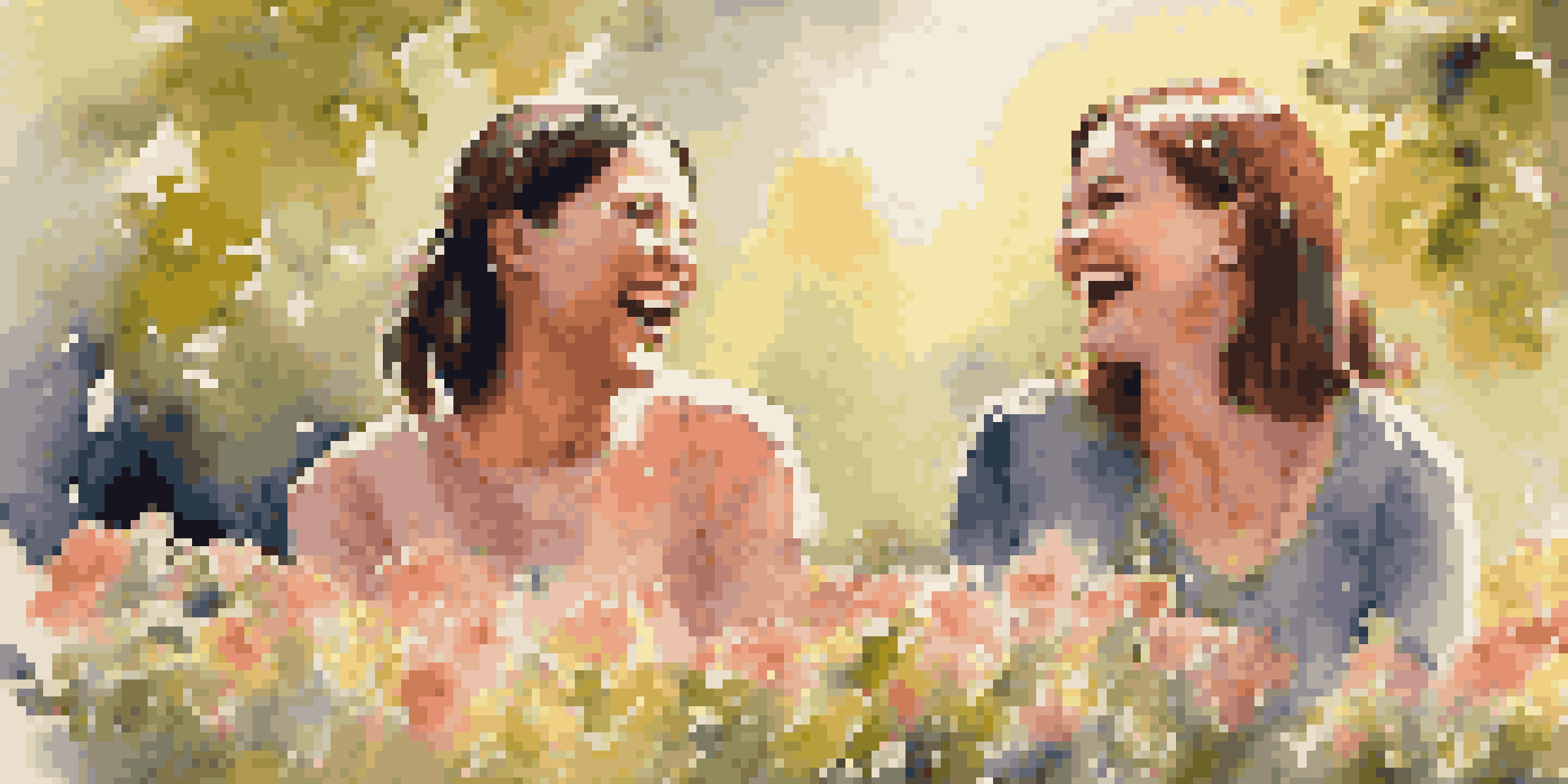 Two friends laughing in a sunny park filled with colorful flowers.