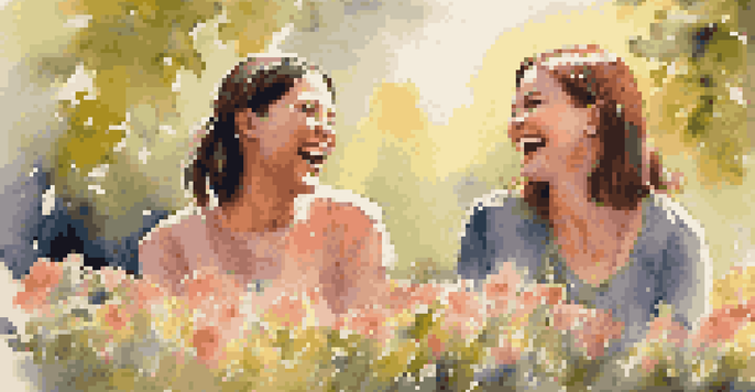 Two friends laughing in a sunny park filled with colorful flowers.