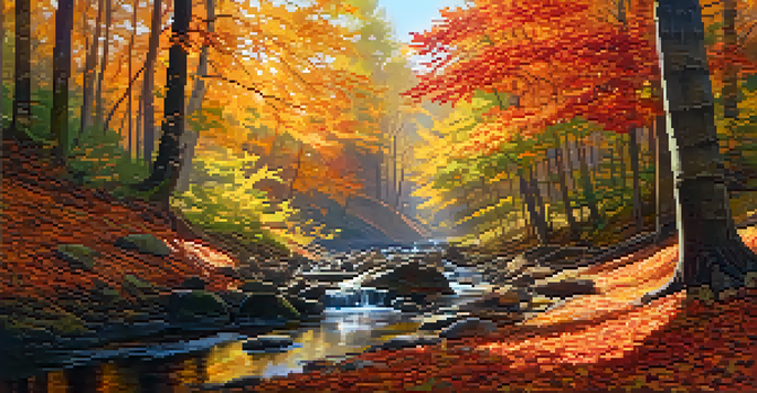 A peaceful forest in autumn with bright leaves and a stream reflecting the trees.