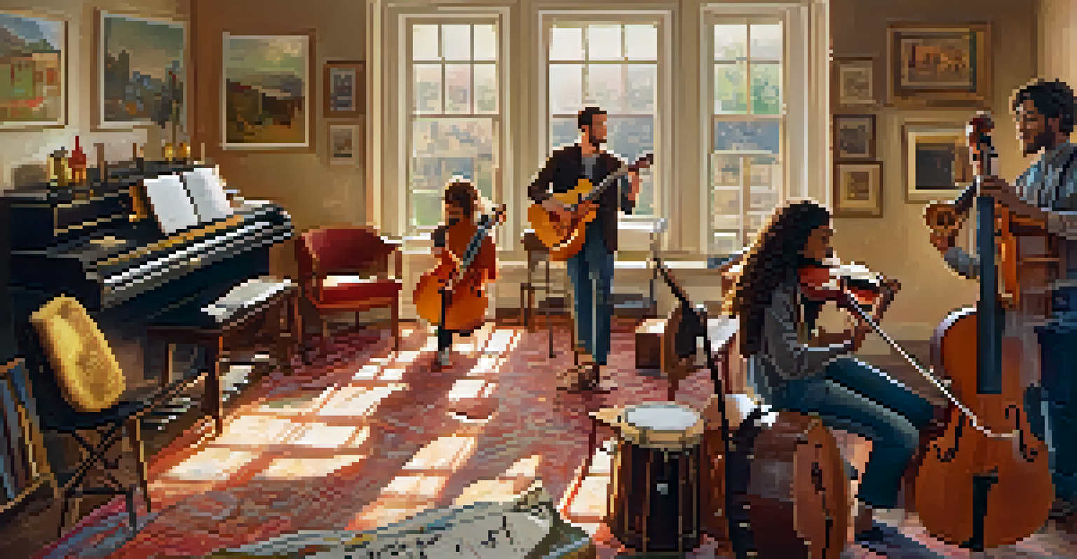A group of musicians jamming together in a cozy room filled with warm light and various instruments.