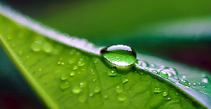A dewdrop on a green leaf with detailed textures, captured in soft morning light.