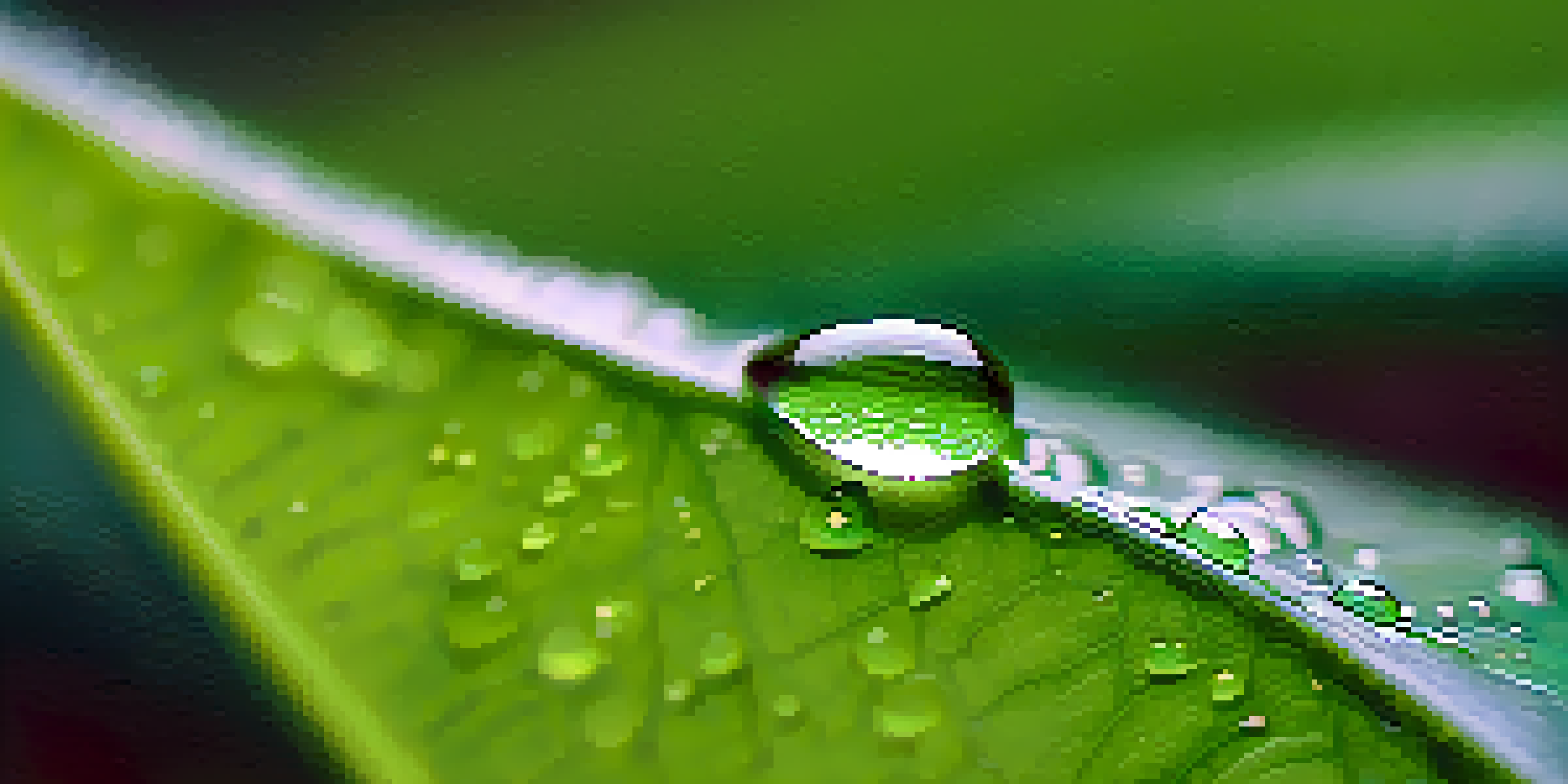 A dewdrop on a green leaf with detailed textures, captured in soft morning light.