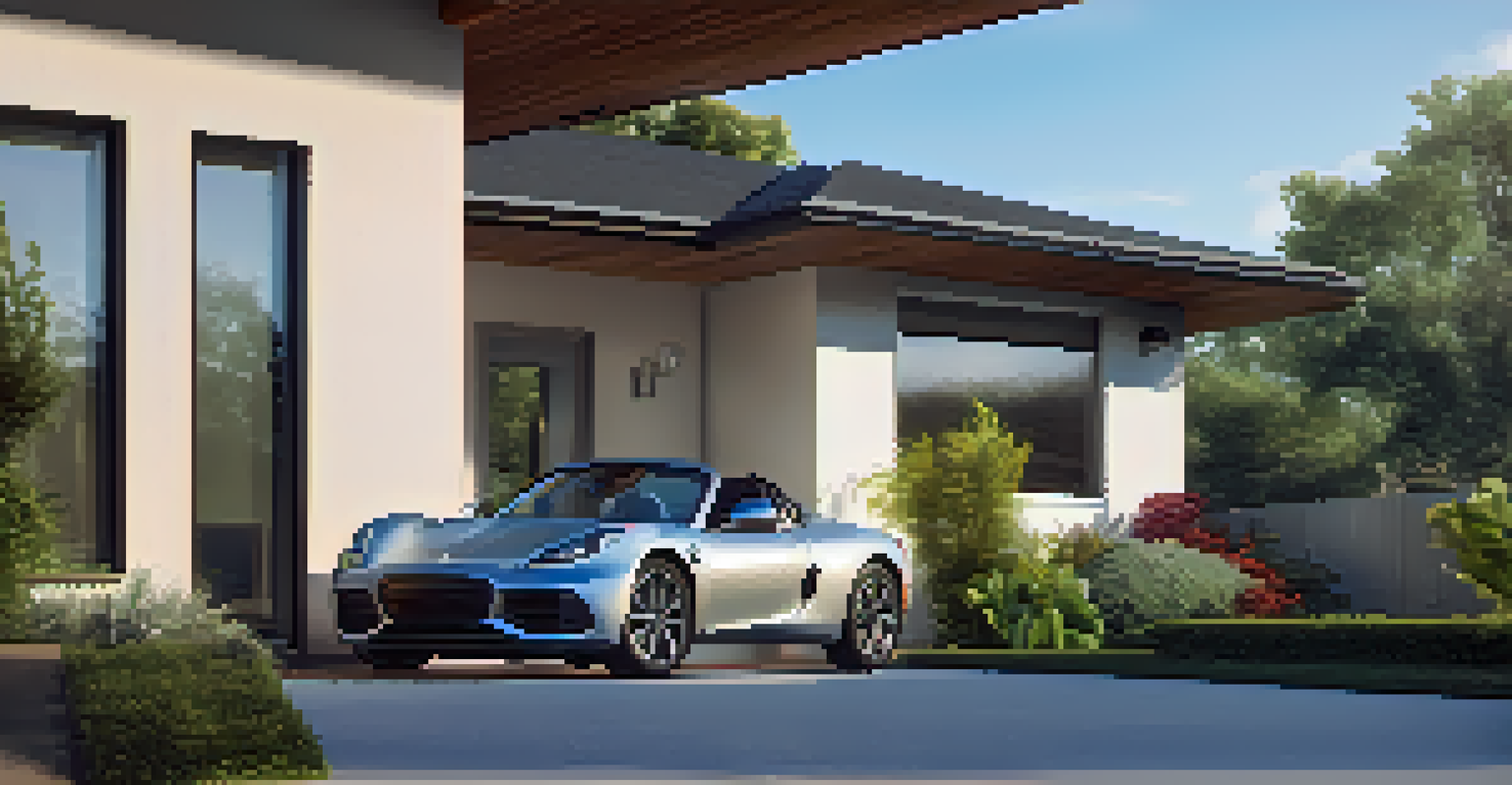 An outdoor view of a house with a smart security camera monitoring the driveway, featuring bright sunlight and greenery.