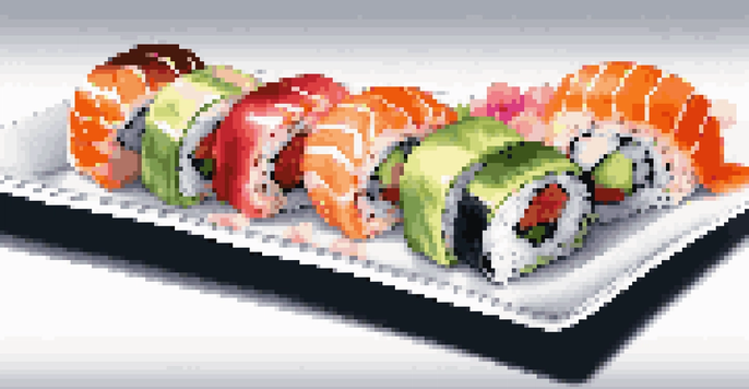 A platter of colorful gourmet sushi rolls arranged on a white plate, garnished with pickled ginger and wasabi, with a softly blurred background.