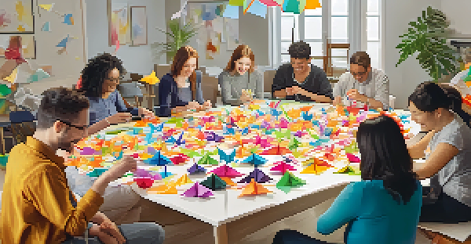 A diverse group of people happily engaged in origami, folding colorful paper into cranes and butterflies, in a bright, inviting room.