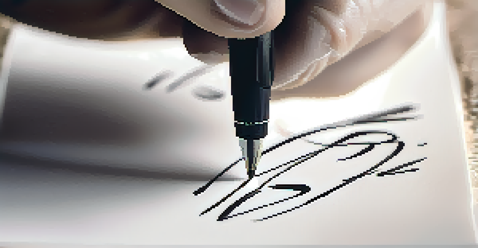 A close-up of a hand practicing calligraphy on textured paper, showcasing elegant letters being formed with a pen.