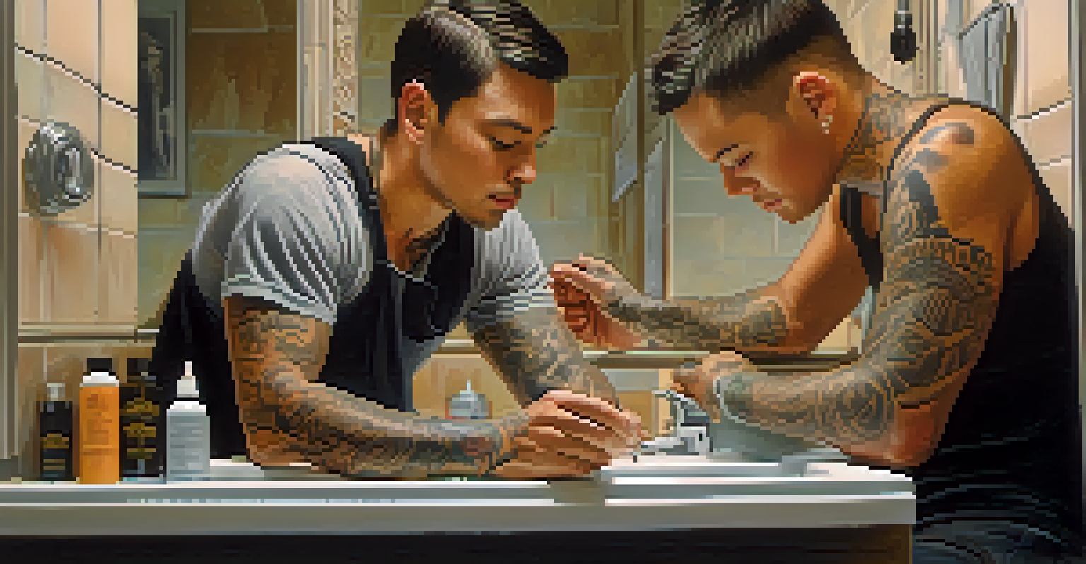 An individual applying ointment to a new tattoo on their forearm in a bright bathroom, reflecting a moment of care and mindfulness.