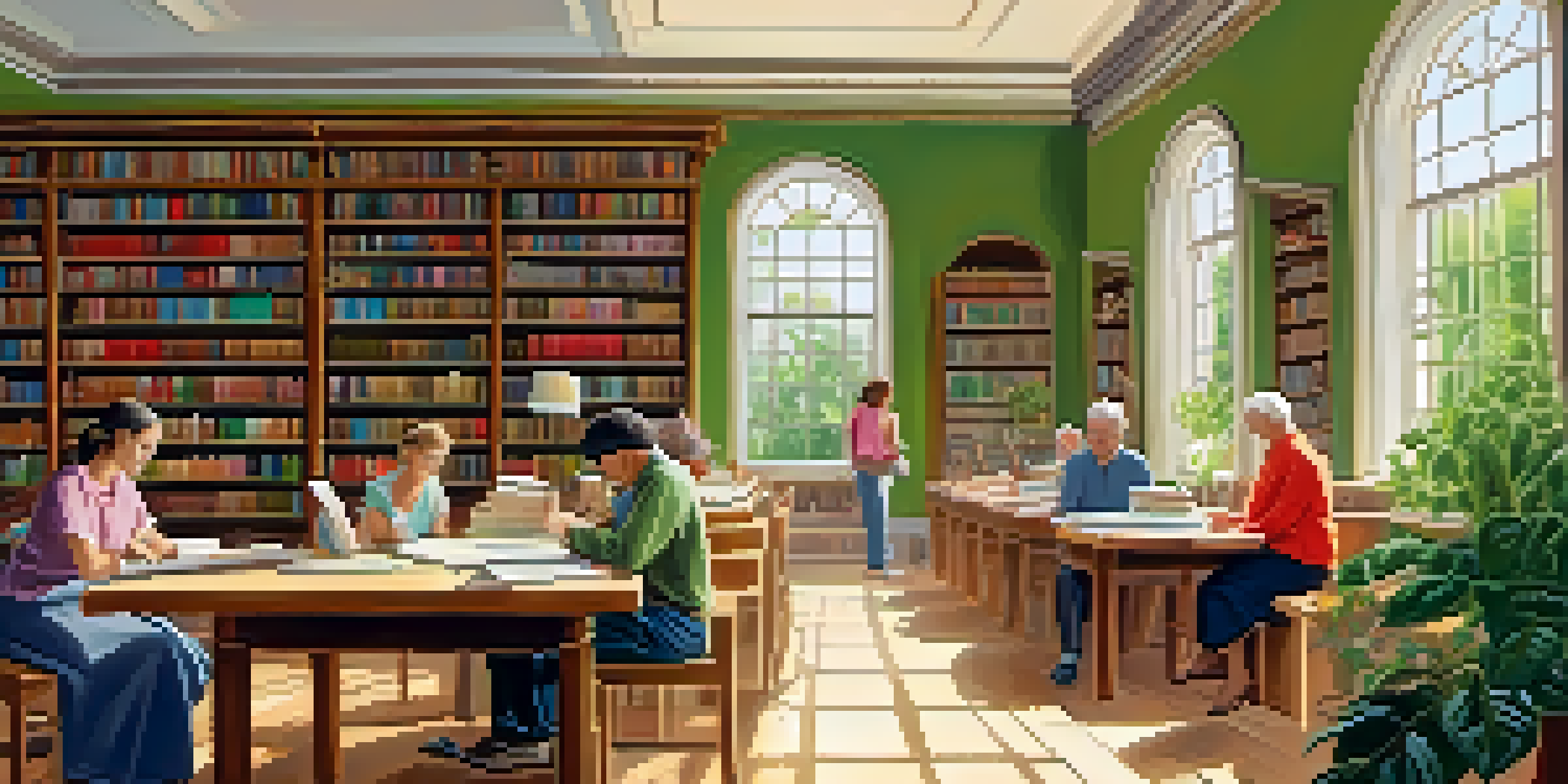 A diverse group of people reading in a sunlit library filled with books and plants.