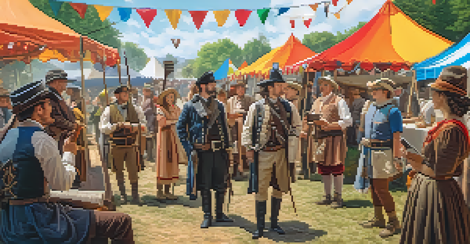 A lively outdoor festival with reenactors in historical costumes using augmented reality devices to engage with an audience.