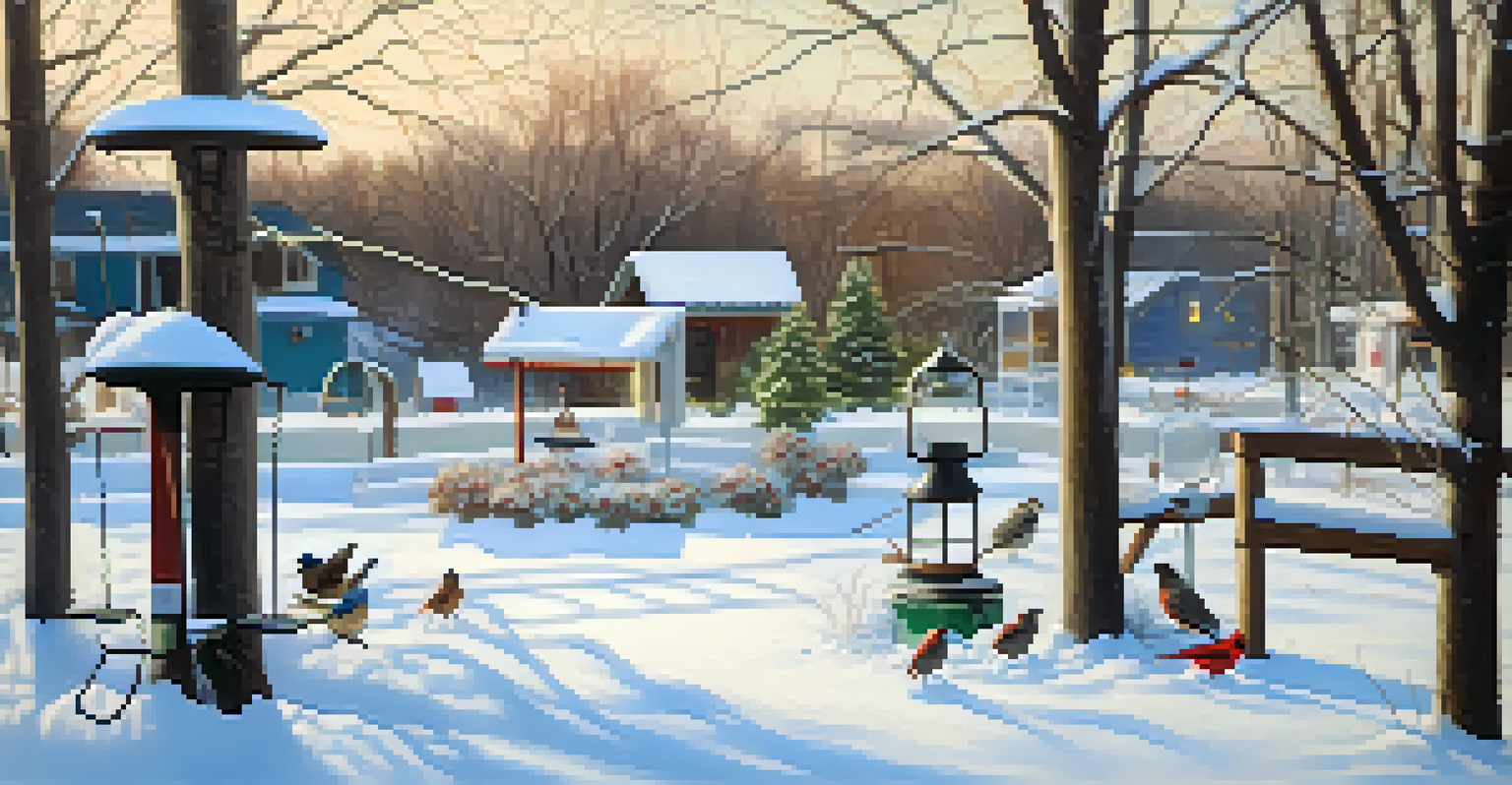 A backyard with bird feeders and birdhouses, attracting colorful birds during winter.