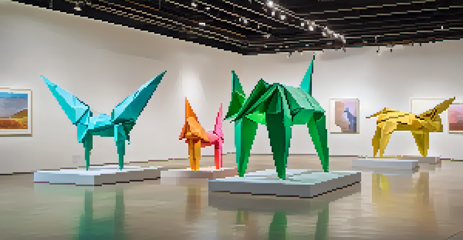 A modern art installation with large origami sculptures made from recycled materials, illuminated in a gallery space.