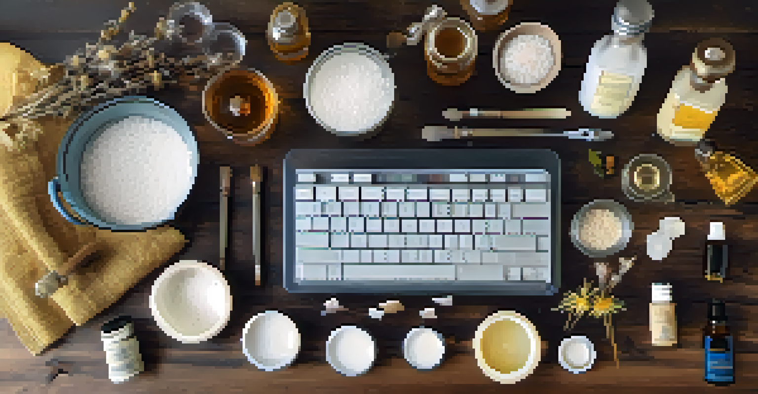 An overhead view of a soap making workspace with oils, essential oils, and tools arranged on a wooden table.
