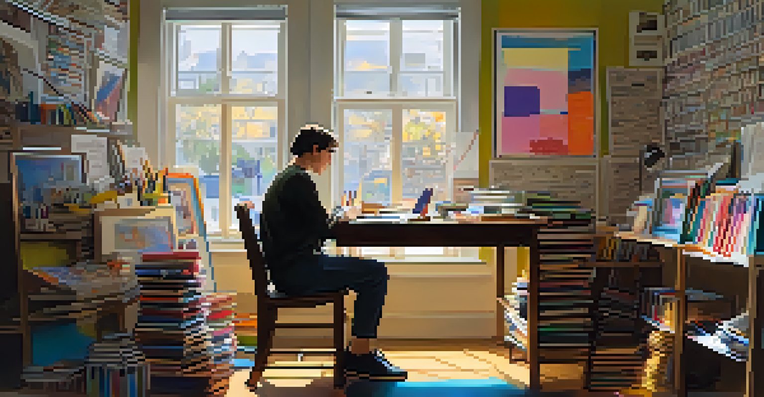 An indoor writing space with a person at a desk filled with notebooks and art supplies, illuminated by soft light.