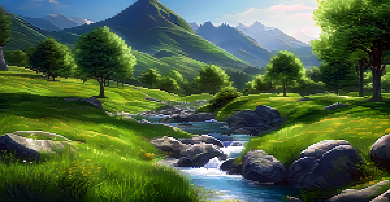 A serene 3D landscape of a green valley with mountains, a flowing river, trees, and wildflowers under a blue sky.
