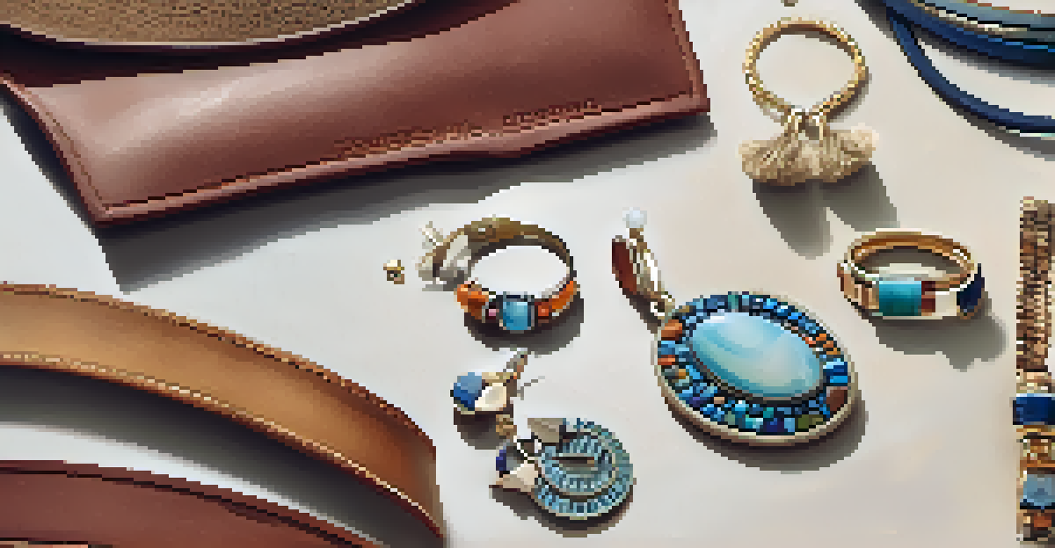 An artistic display of leather jewelry pieces, including earrings and a necklace, on a neutral background with soft lighting highlighting their textures.