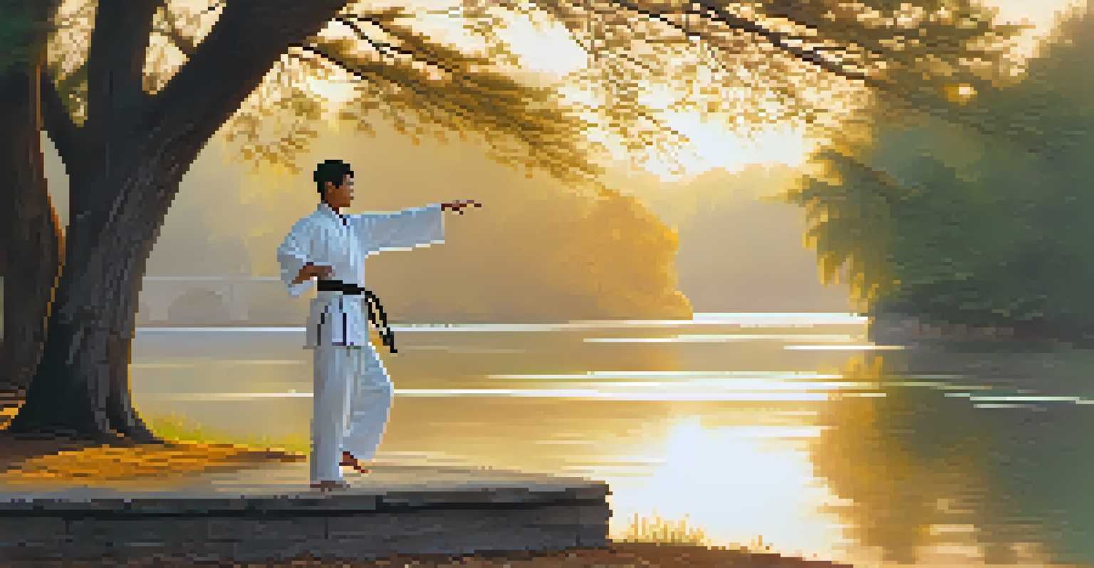 A martial artist practicing tai chi in a peaceful park at sunrise, surrounded by nature.