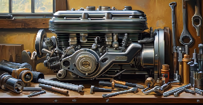 A vintage car engine placed on a workbench with various restoration tools around it, lit by warm lighting.