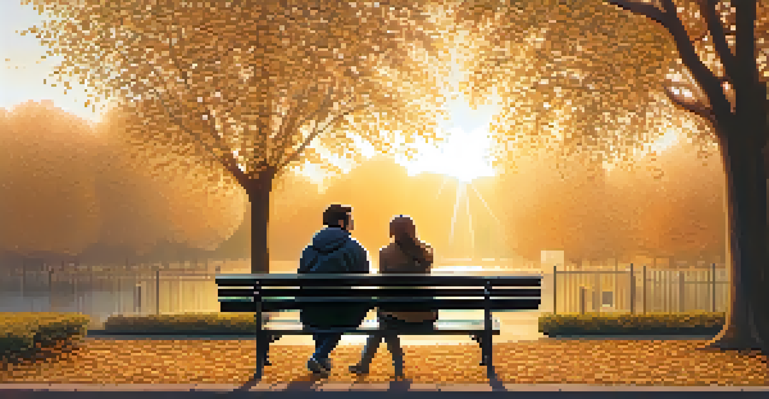 Two friends on a park bench at sunset, one laughing and the other looking thoughtful, surrounded by falling leaves in a serene setting.