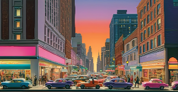 A miniature city scene at sunset with moving cars and pedestrians, showcasing skyscrapers and shops under a colorful sky.