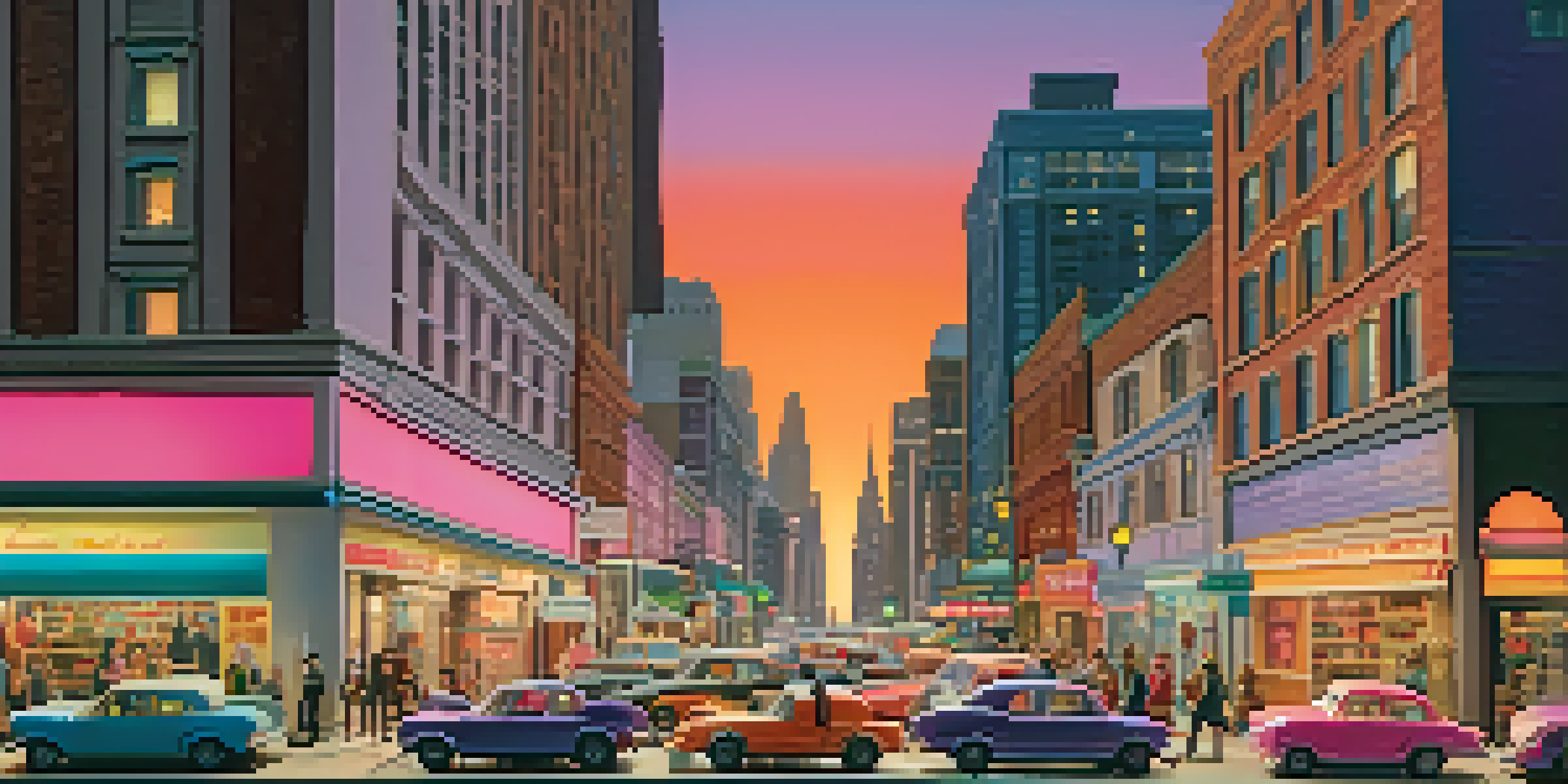 A miniature city scene at sunset with moving cars and pedestrians, showcasing skyscrapers and shops under a colorful sky.