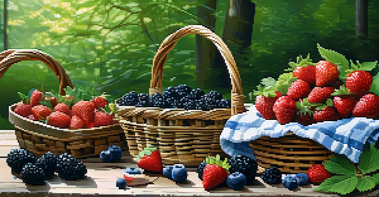 A rustic basket overflowing with wild berries on a wooden table, accompanied by a field guide in a green natural setting.