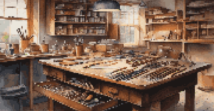 A clean leather crafting workspace with organized tools and materials, emphasizing safety gear.