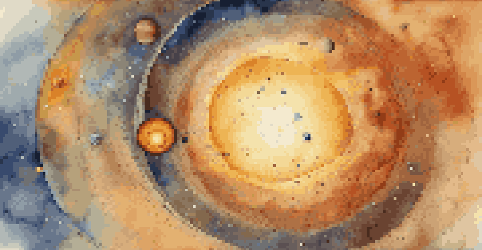 A visualization of the early solar system with a rotating disk of gas and dust and a bright Sun.