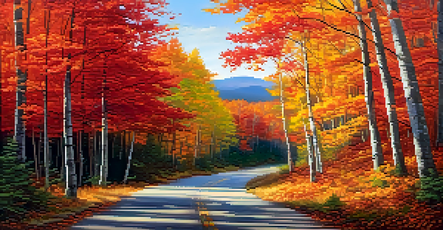 A beautiful autumn landscape along the Kancamagus Highway with colorful foliage and a leaf-covered trail.