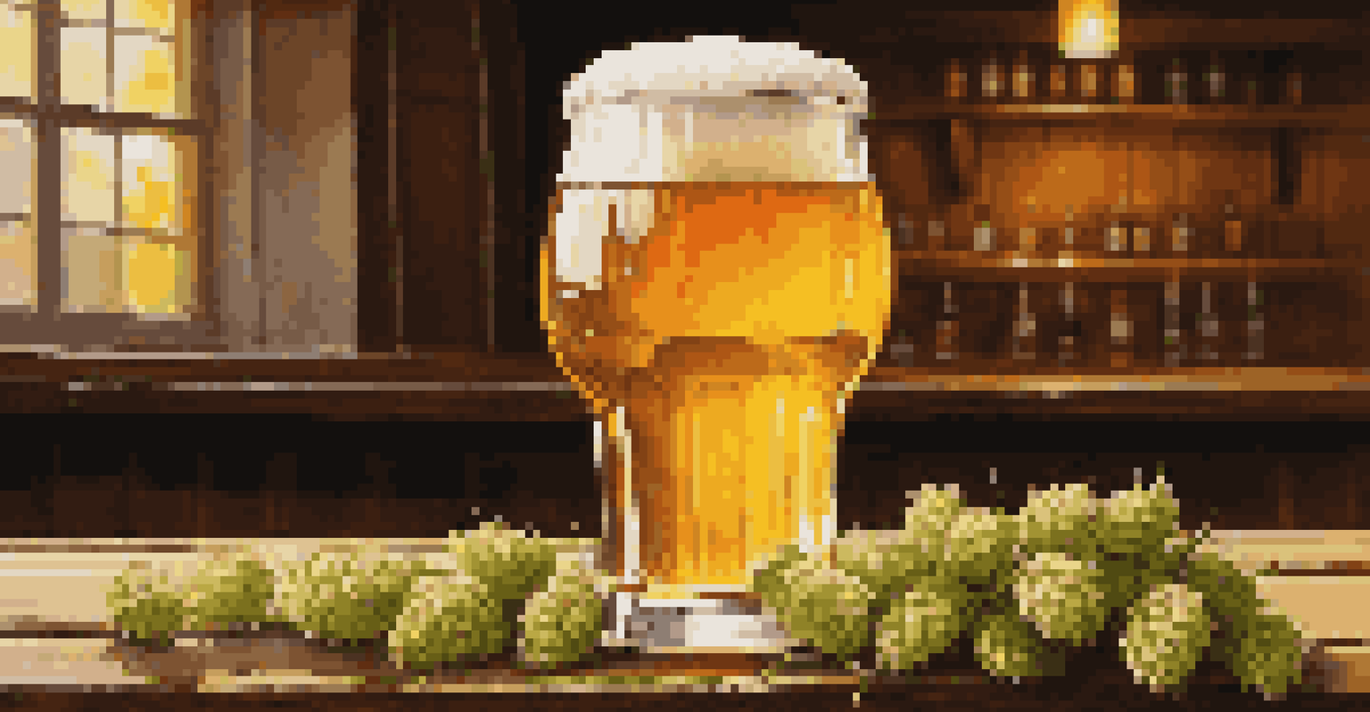 A close-up of a frothy beer glass on a wooden bar, surrounded by vibrant hops and barley under soft warm lighting.