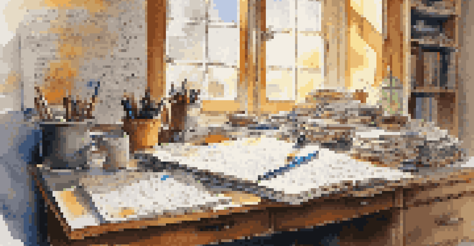 An artist's desk filled with scripts and colorful markers, illuminated by sunlight from a window, showcasing a creative workspace.