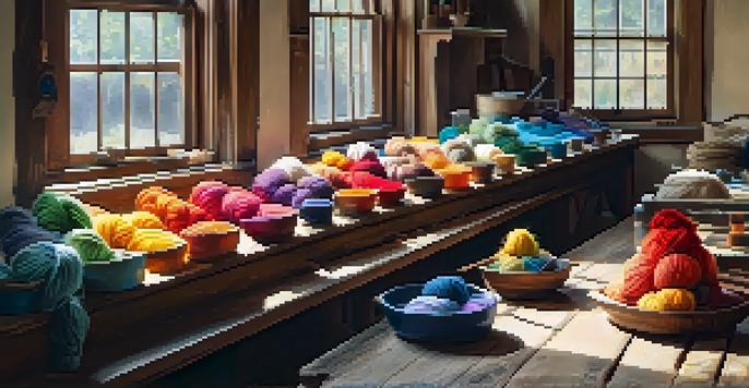 A craft space featuring colorful dye pots and skeins of yarn, illuminated by soft natural light.