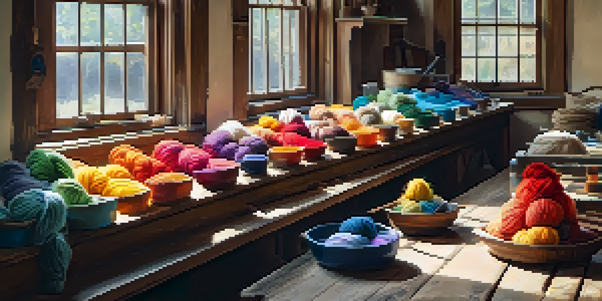 A craft space featuring colorful dye pots and skeins of yarn, illuminated by soft natural light.