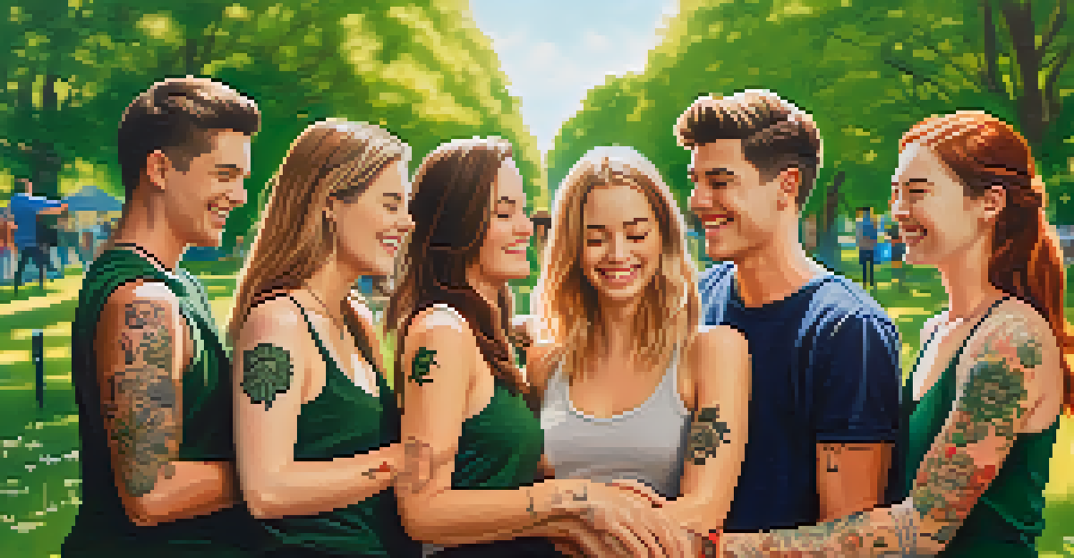 A group of friends in a sunny park displaying their matching minimalistic tattoos, smiling amidst green trees and colorful flowers.