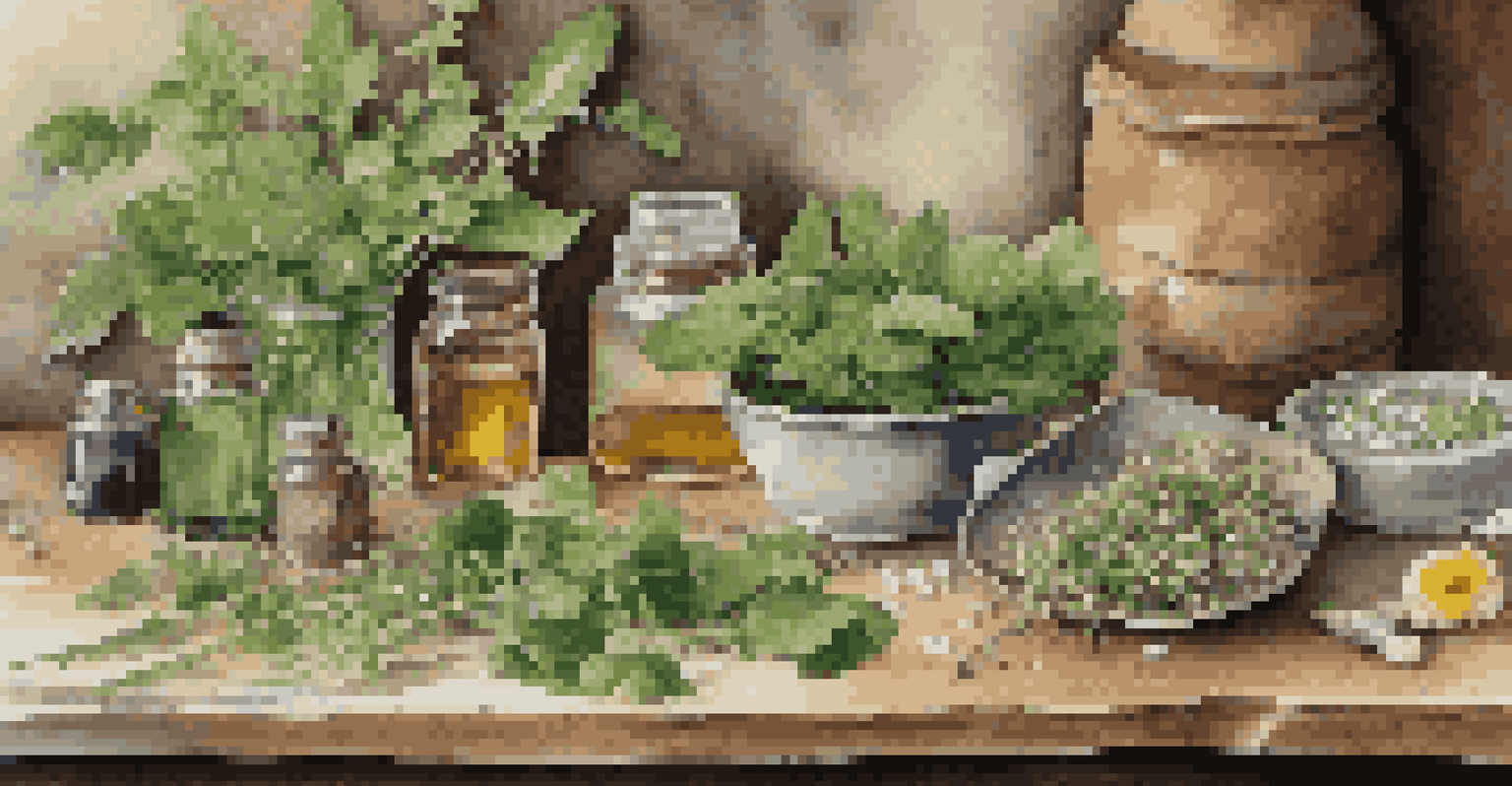 A detailed close-up of freshly harvested herbs including peppermint, chamomile, and dandelion on a wooden table.