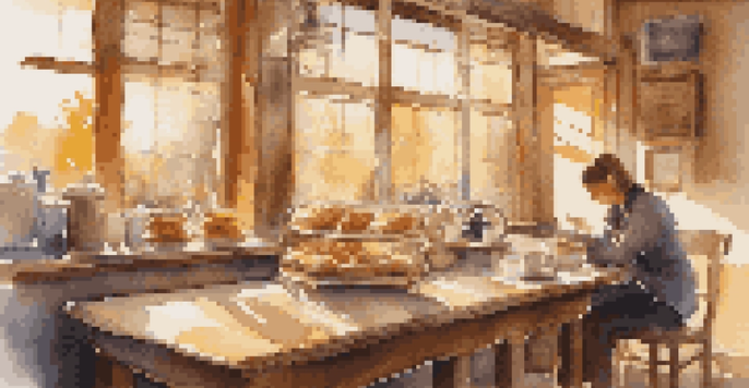 A warm coffee shop scene with a person writing in a journal, sunlight streaming through windows, and a cozy atmosphere.