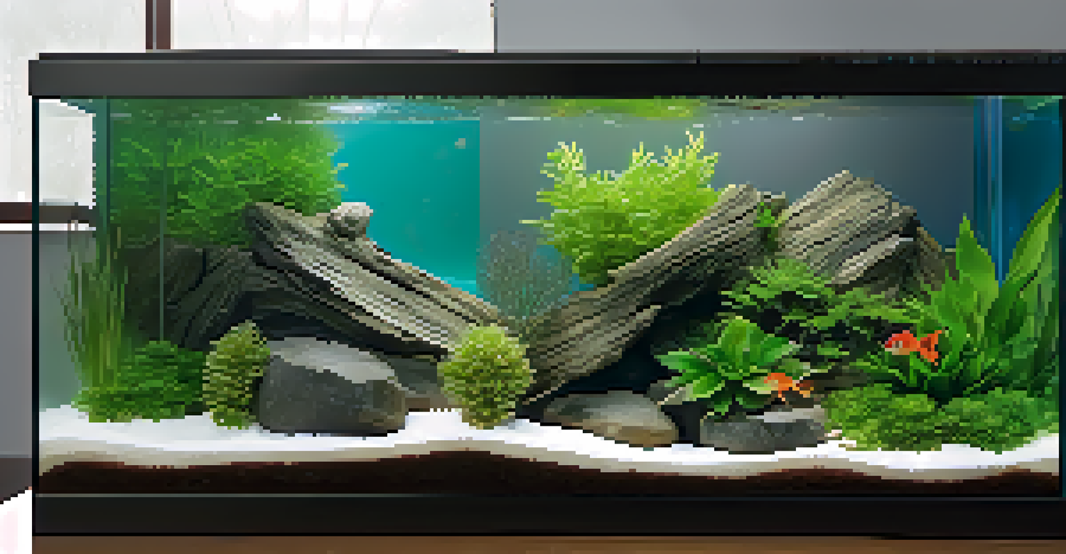 A calm and minimalist winter underwater landscape with hardy plants and few decorations in a cool-toned aquarium.
