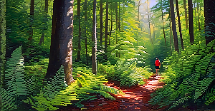 A hiker in a red jacket walking on a forest trail surrounded by green ferns and wildflowers, with sunlight filtering through the trees.