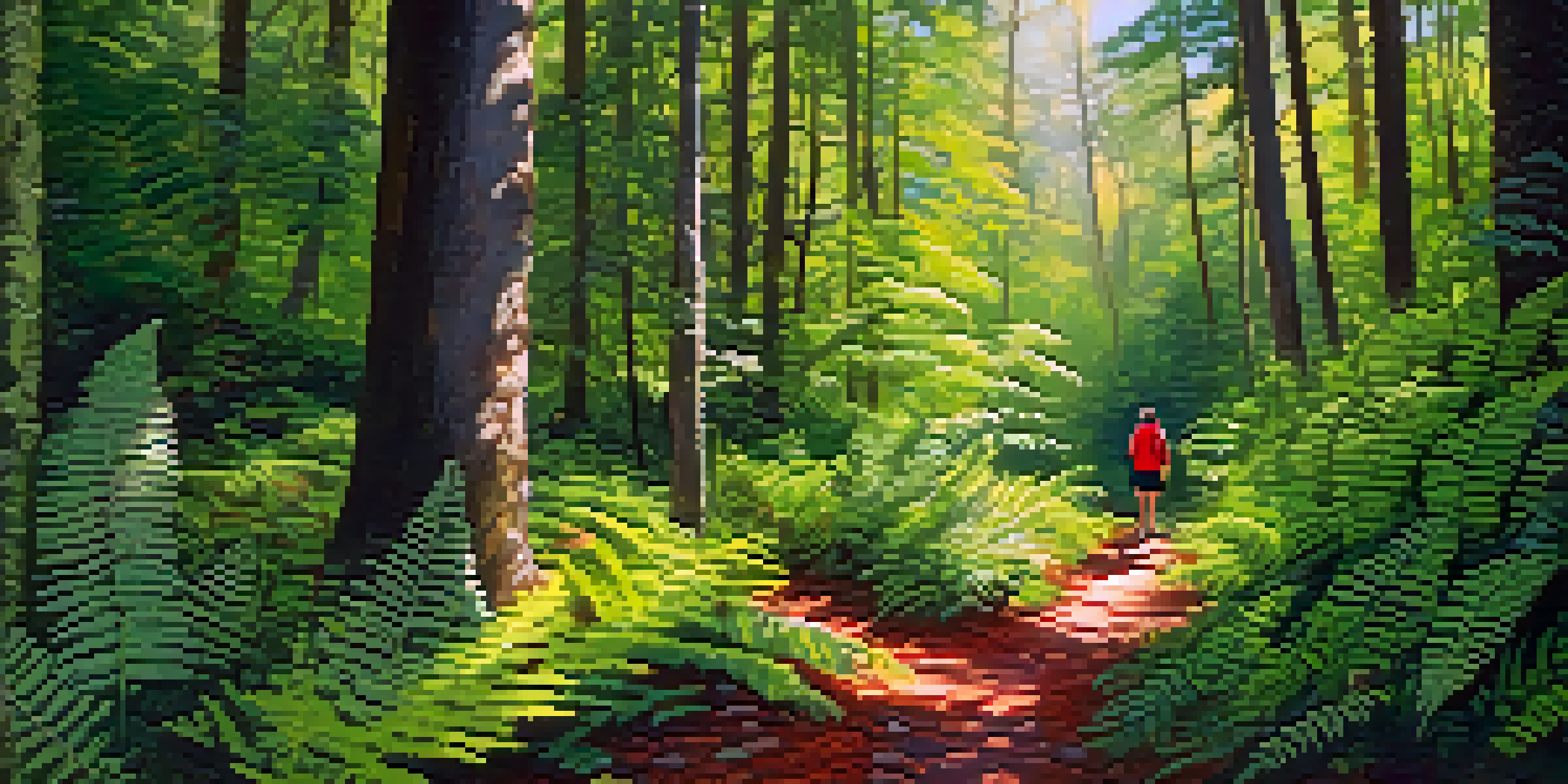 A hiker in a red jacket walking on a forest trail surrounded by green ferns and wildflowers, with sunlight filtering through the trees.