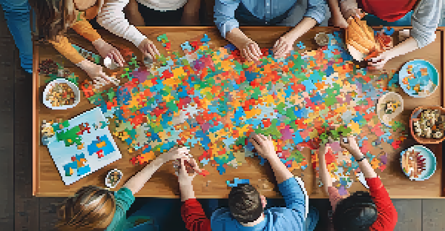 A group of friends working together on a colorful jigsaw puzzle at a dining table, enjoying their time.