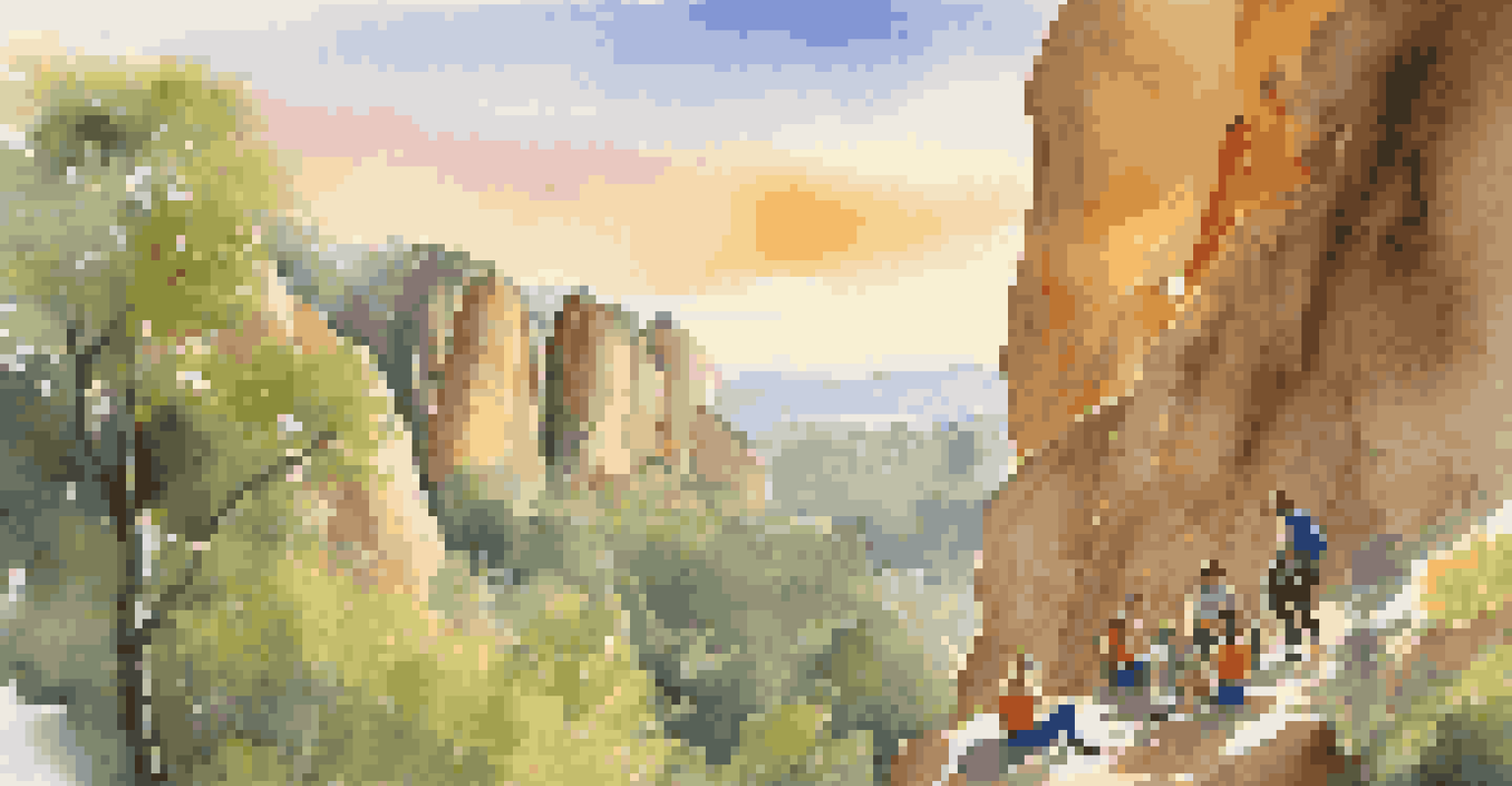 Climbers outdoors at a beautiful crag, enjoying each other's company as they share stories, surrounded by stunning rock formations and a sunset.
