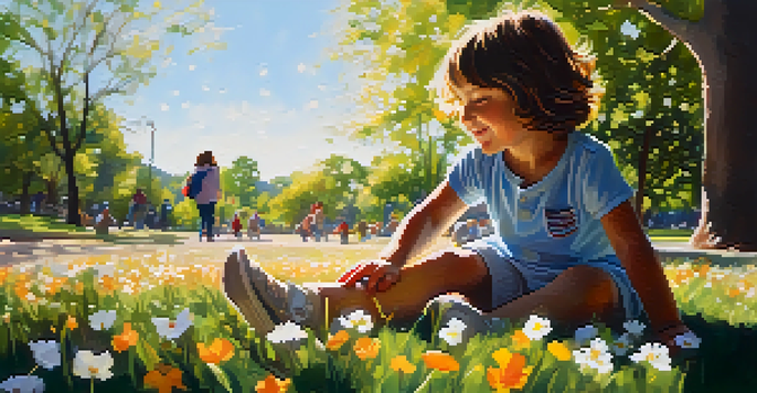 A child playing in a park, viewed from below, with flowers around them and sunlight filtering through the trees.