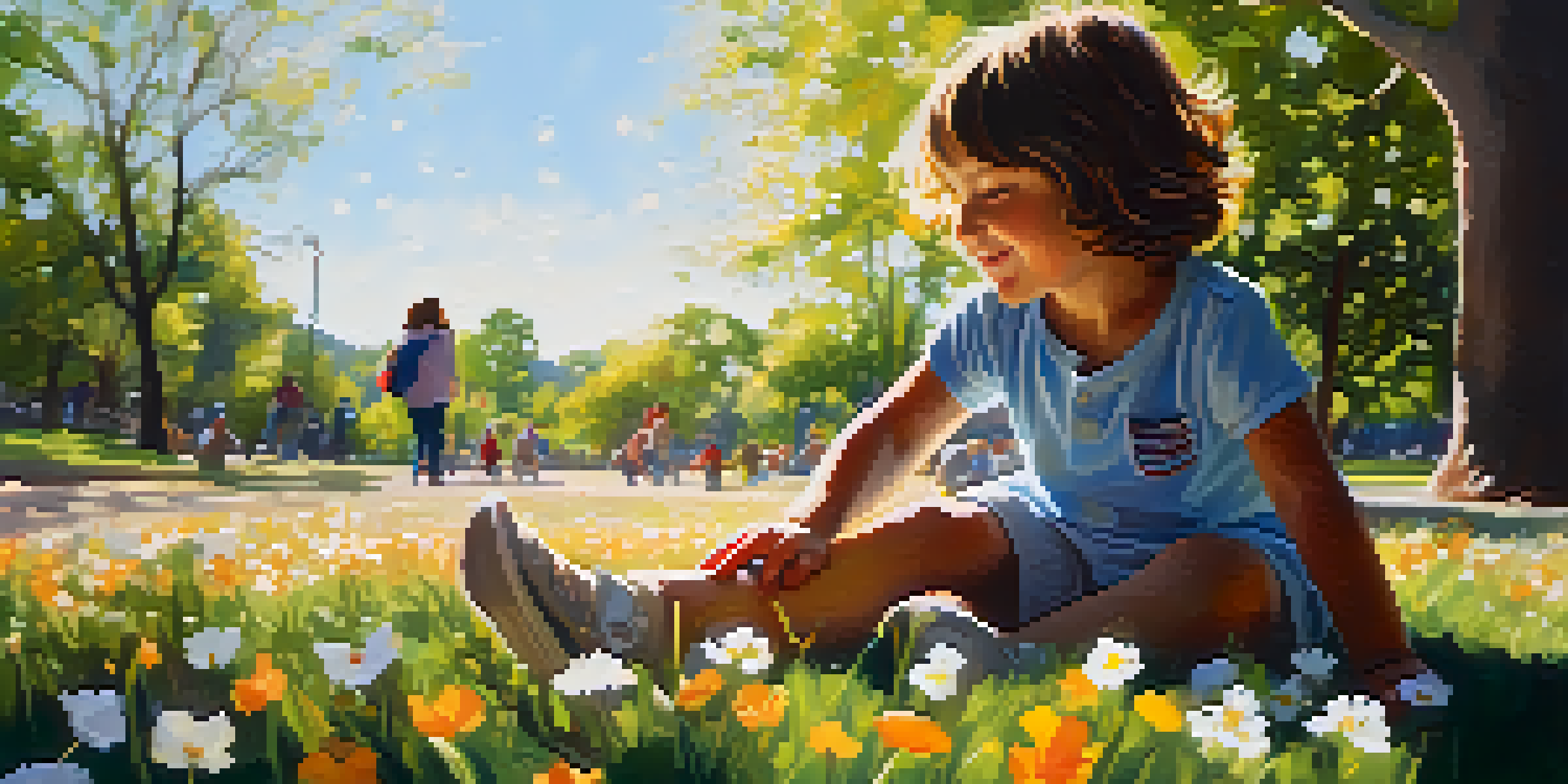 A child playing in a park, viewed from below, with flowers around them and sunlight filtering through the trees.