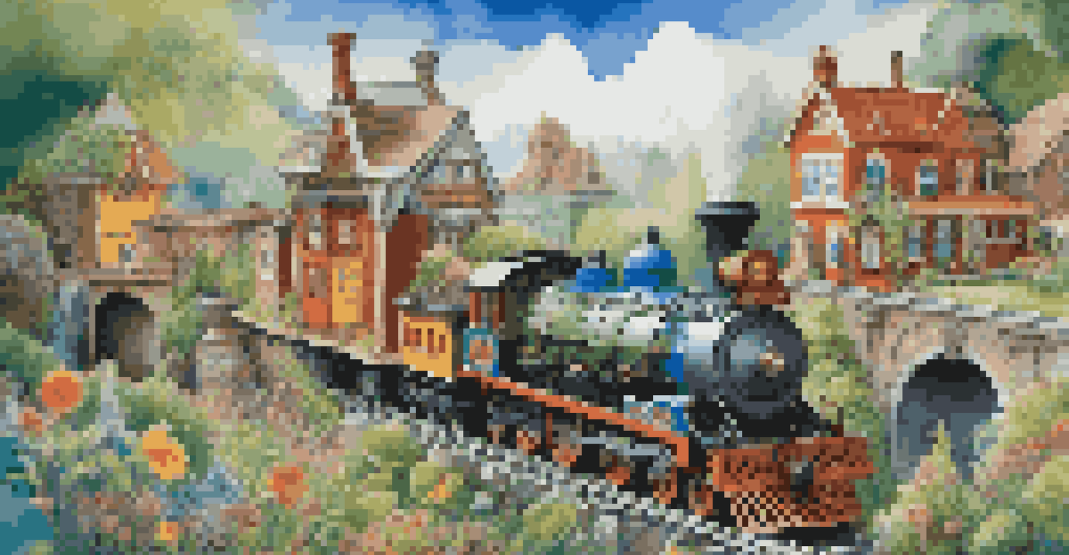 A creative model railroad scene combining fantasy elements with realistic trains and vibrant landscaping.