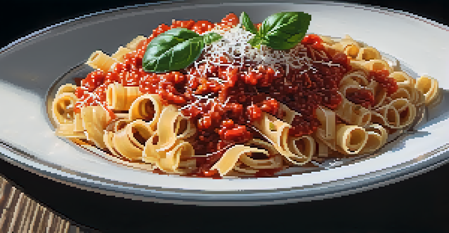 A beautifully plated dish of pasta in tomato sauce, garnished with basil and parmesan, with a glass of wine in the background.