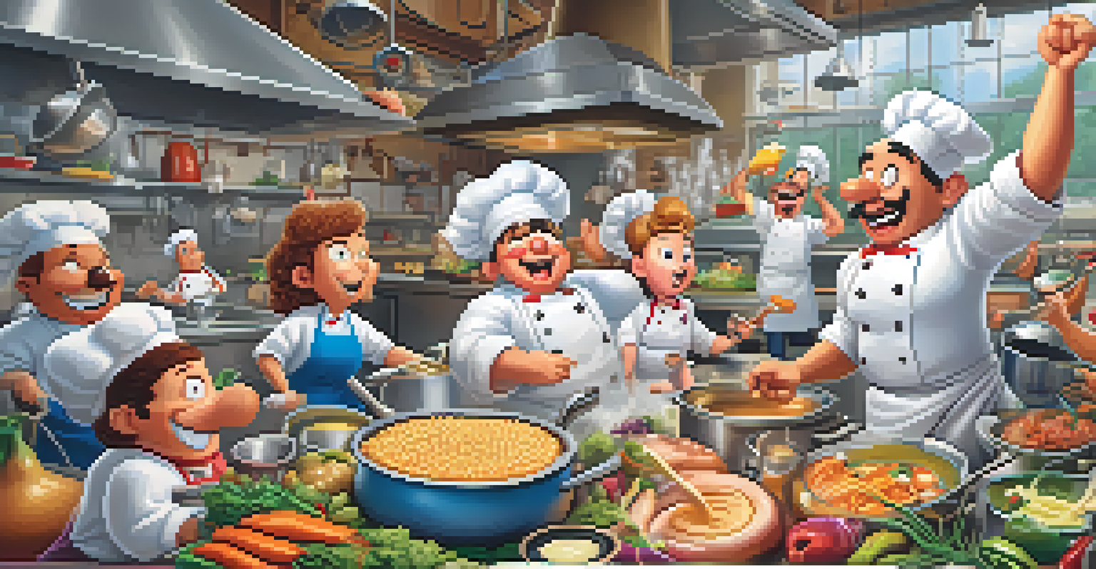 A chaotic and colorful kitchen scene with cartoon chefs cooking and working together in a fun and frenzied atmosphere.