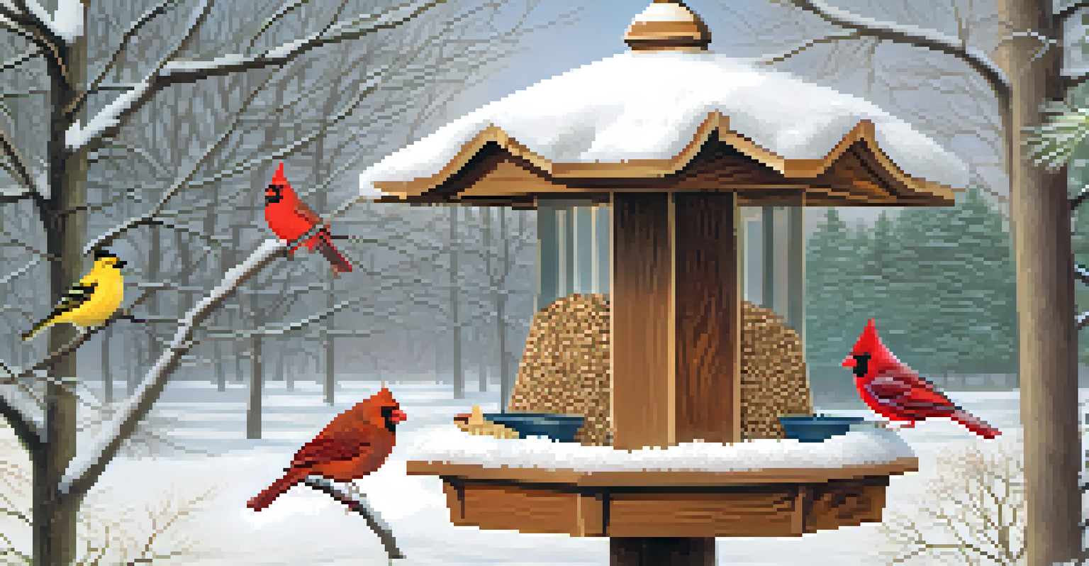 A peaceful winter backyard with birds feeding at a snowy bird feeder and a birdhouse nearby.