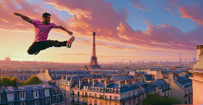 A parkour athlete performing an impressive leap between Parisian rooftops with the Eiffel Tower in the background during sunset.