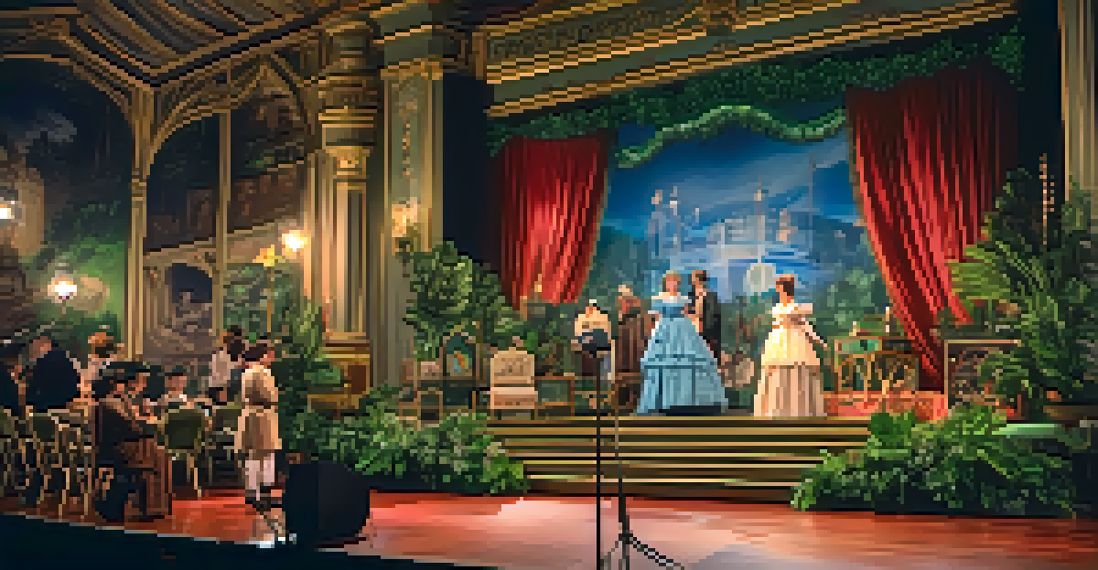A stage decorated with vintage props and lush greenery, illuminated to highlight the intricate details and create a magical setting.