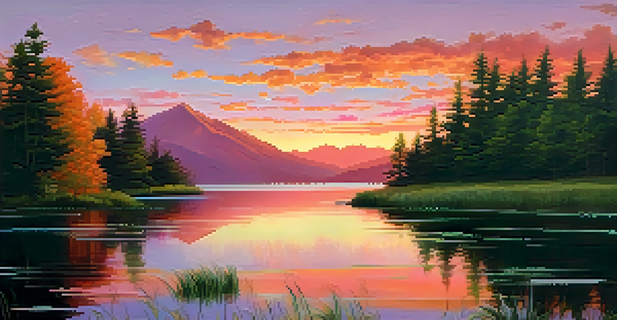 A tranquil lake reflecting the colors of a sunrise with mountains in the background and lush green trees.